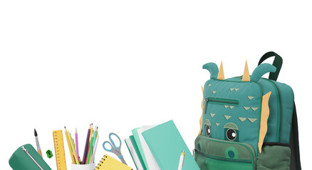 Colorful school stationery, supplies on transparent background. PNG. Bottom border. Applicable for posters, announcements, advertising. Education, daycare, preschool. Back to school shopping, sale. 3D © Creative_Bird