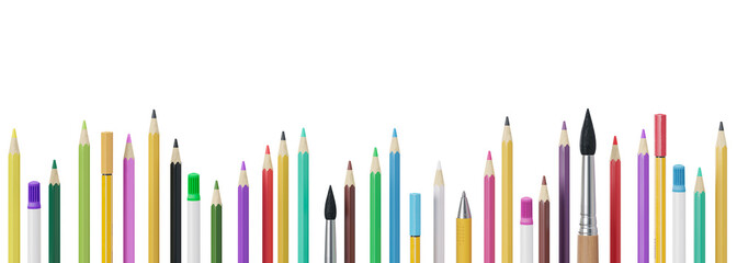 Colorful school stationery, supplies on transparent background. PNG. Bottom border. Applicable for posters, announcements, advertising. Education, daycare, preschool. Back to school shopping, sale. 3D