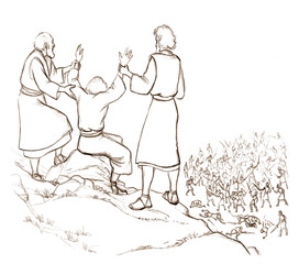 Pencil drawing. Hor and Aaron hold the hands of Moses