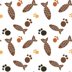 Pattern of brown fish and colored cat paws seamless pattern background, cat and fish vector illustration. Printing on textiles and packaging paper, veterinary clinic. Cartoon abstract background