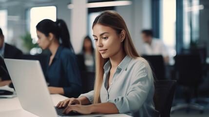 Professional female employee or a businesswoman using a laptop in a modern office. Copy space