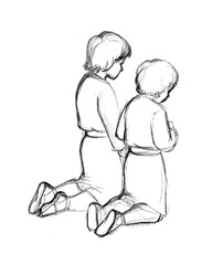 Pencil drawing. Little children pray