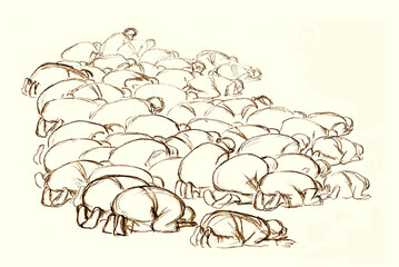 Worship of the God. Pencil drawing