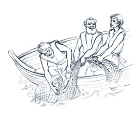 The fishermen pull the net into the boat. Pencil drawing