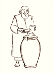 The servant pours water. Pencil drawing