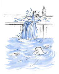 Flood in the kitchen. Pencil drawing