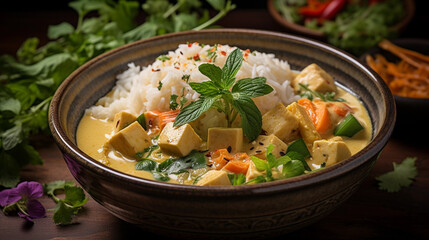 A bowl of creamy coconut curry with tofu and vegetables, served with steamed jasmine rice