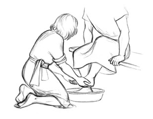 Christ washes Peter's feet. Pencil drawing