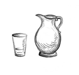 A jug and a glass of water. Pencil drawing