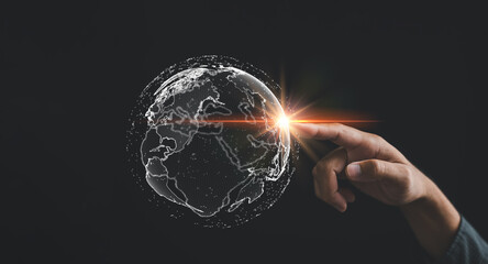 Technology and Business Analytics, A businessman explores a digital dashboard, leveraging big data for actionable insights. world map backdrop highlights global implications of data analysis.