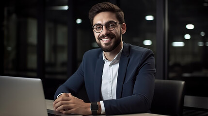 Fototapeta premium Professional male employee or a businessman using a laptop in a modern office. Copy space