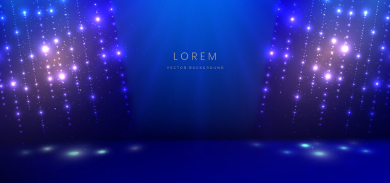 Elegant blue stage background with dot neon line and lighting effect sparkle. Luxury template award design.