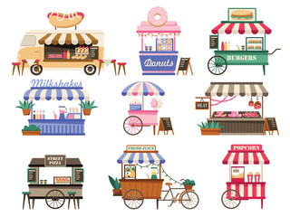 Street vendor booths. Outdoor local market stalls and fast food kiosks. Festival food court cartoon vector illustration set