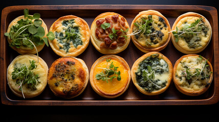 A tray of bite-sized quiches with various fillings, such as spinach and feta, mushroom, and ham and cheese
