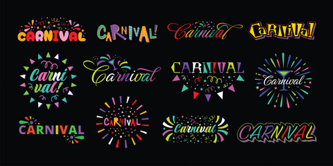 Brazilian Carnival lettering. Festive Carnivals emblem, party sticker with confetti and festival creative vector decoration design set