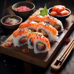 Food photography background, square - Delicious sushi rolls on plate on dark table (Generative Ai)