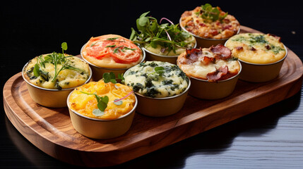A tray of bite-sized quiches with various fillings, such as spinach and feta, mushroom, and ham and cheese