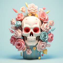 Skull with roses cartoon illustration isolated