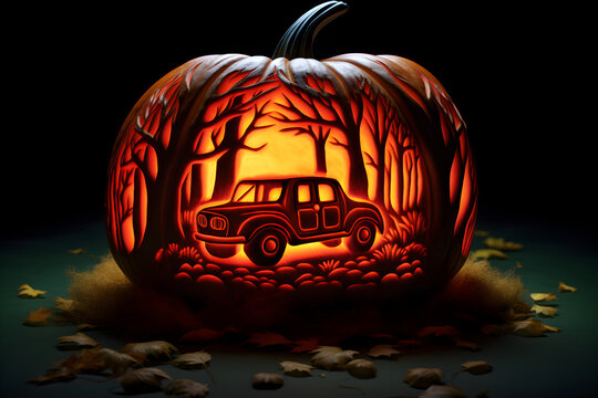 Halloween pumpkin with car in the dark forest glowing red