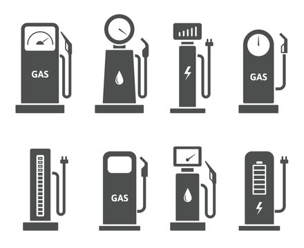 Car refueling station icons. Gas and petrol pump, electric vehicle charger and fuel refilling pictogram symbol vector set