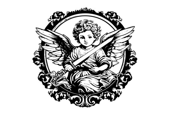 recommend clip art: Little angel with sword in frame vector retro style engraving black and white illustration. Cute baby with wings.