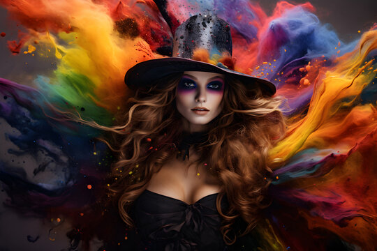 young woman halloween mackup in a hat and colorful splashes