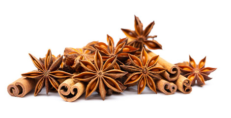 Star anise and cinnamon sticks on a white background isolated. Indian spices close up. Medicinal herbs and spices.
