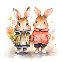 Abstract watercolor painting of a beautiful couple of rabbits, cartoon style. 
 A symbol of family love. Generative AI. Illustration.