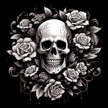 Skull and Roses flowers tattoo design dark art illustration isolated on black
