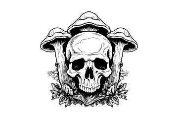 Human skull with mushrooms in woodcut style. Vector engraving sketch illustration for tattoo and print design.