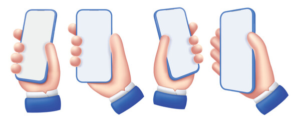 Mobile phone in hand mockup. Cartoon hand holding smartphone with empty screen and blue frame around display, app showcase vector template set