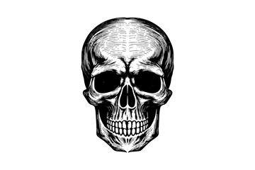 Human skull in woodcut style. Vector engraving sketch illustration