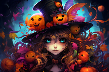 witch with halloween hat and pumpkins, anime