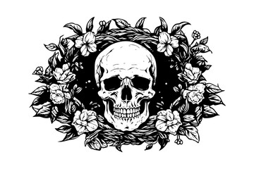 Fototapeta premium Human skull in a flower frame woodcut style. Vector engraving sketch illustration for tattoo and print design.