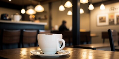 A cup of coffee in a warm and empty cafe, blurry light, warm and happy feeling. 