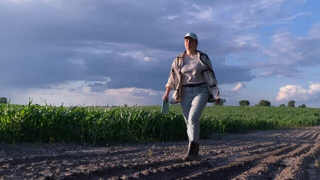 Front view young female farmer walks along dirt road alongside cornfield embracing agricultural landscape under dramatic sky of golden hour sunset. Beautiful woman agronomist inspects crop fields