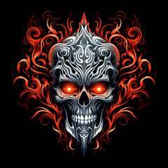 Skull and Flames tshirt tattoo design dark art illustration isolated on black