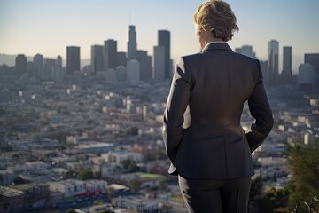 Fototapeta na wymiar Businesswoman on Building on Blurred Background. Business Concept
