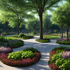Beautiful garden park environment by green foliage of trees and flowers thrive