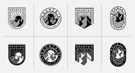 Modern line sun rise mountain peak emblem logo set