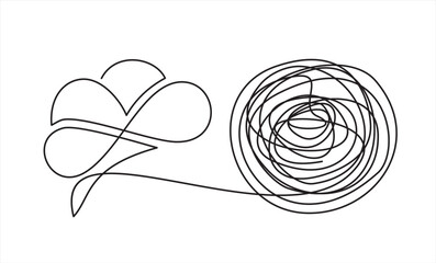 Chaos and brain, abstract minimalist concept vector illustration. Metaphor of disorganized difficult problem mess with single continuous tangle thread in need of unraveling, found solution.