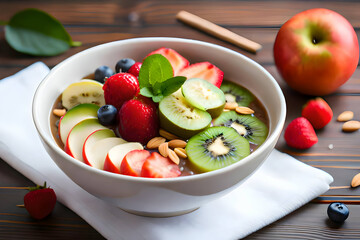 bowl of fruit salad, fruits kiwi apple banana and cereal