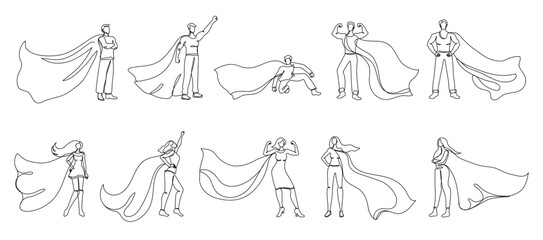 Continuous one line superheroes. Super woman and man with hero cloth cape, strong leader in superhero pose vector illustration set