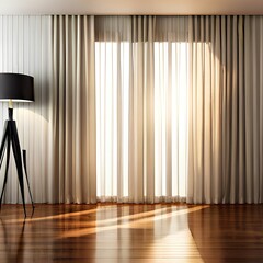 Blowing White Sheer Curtain on Beige Brown Stripe Wallpaper with Sunlight and Parquet Floor