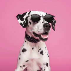 Dalmatians dog with black glasses sitting on a clean pink background