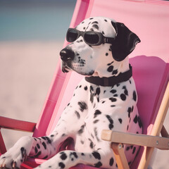 Dalmatians dog with black glasses sitting on a pink beach chair