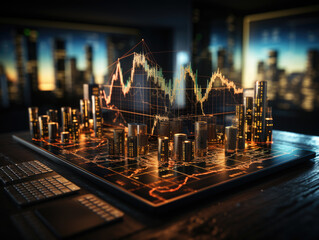 The trading market concept comes to life with financial graphs, glowing lines, and diagrams displayed on a digital screen against a backdrop of a world map. Generative AI.