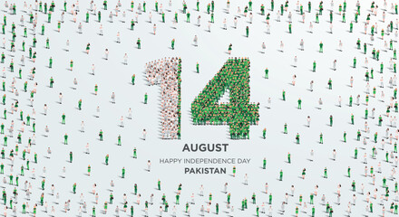 Happy Independence Day Pakistan. A large group of people form to create the number 14 as Pakistan celebrates its Independence Day on the 14th of August. Vector illustration.