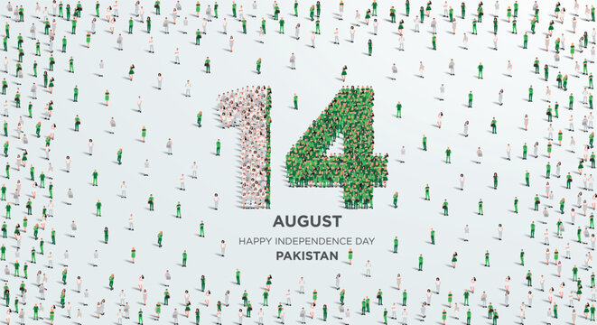 Happy Independence Day Pakistan. A large group of people form to create the number 14 as Pakistan celebrates its Independence Day on the 14th of August. Vector illustration.