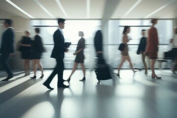 Group of business people walking at modern open space, generative ai, busy people crowd